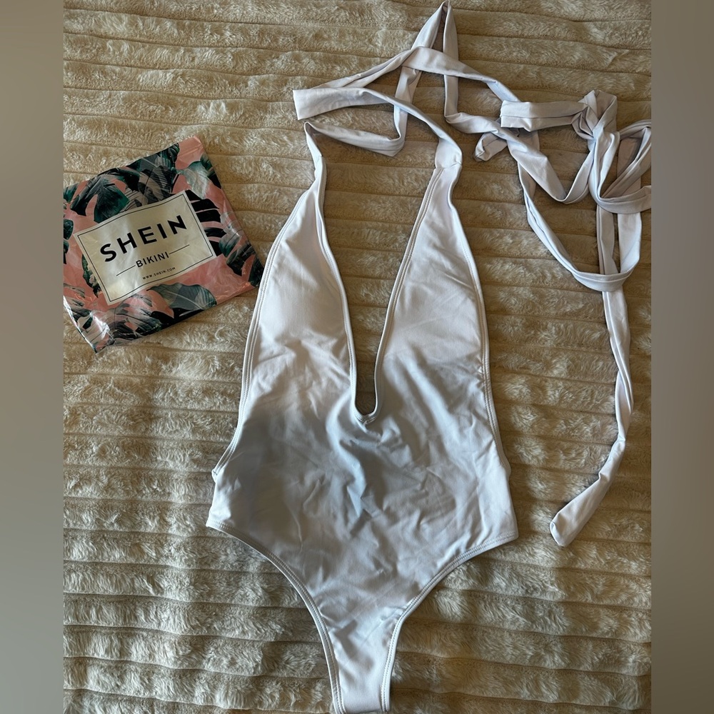 SHEIN New White Deep V One-Piece Swimsuit Wrap Around Ties.